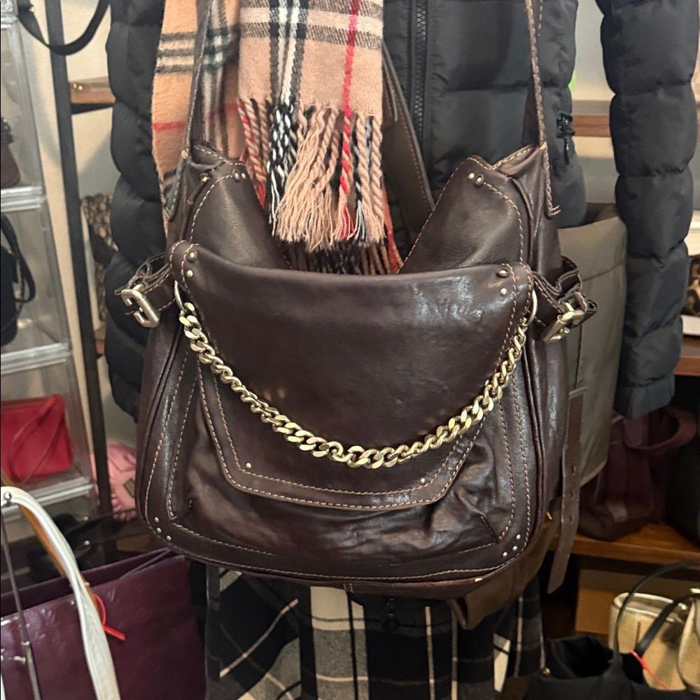Chloe Dark Brown Leather Shoulder Bag with Chain Detail